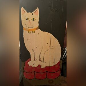 Vintage George Nathan Folk Art Cat painting on thick wood plank. Circa 1975.